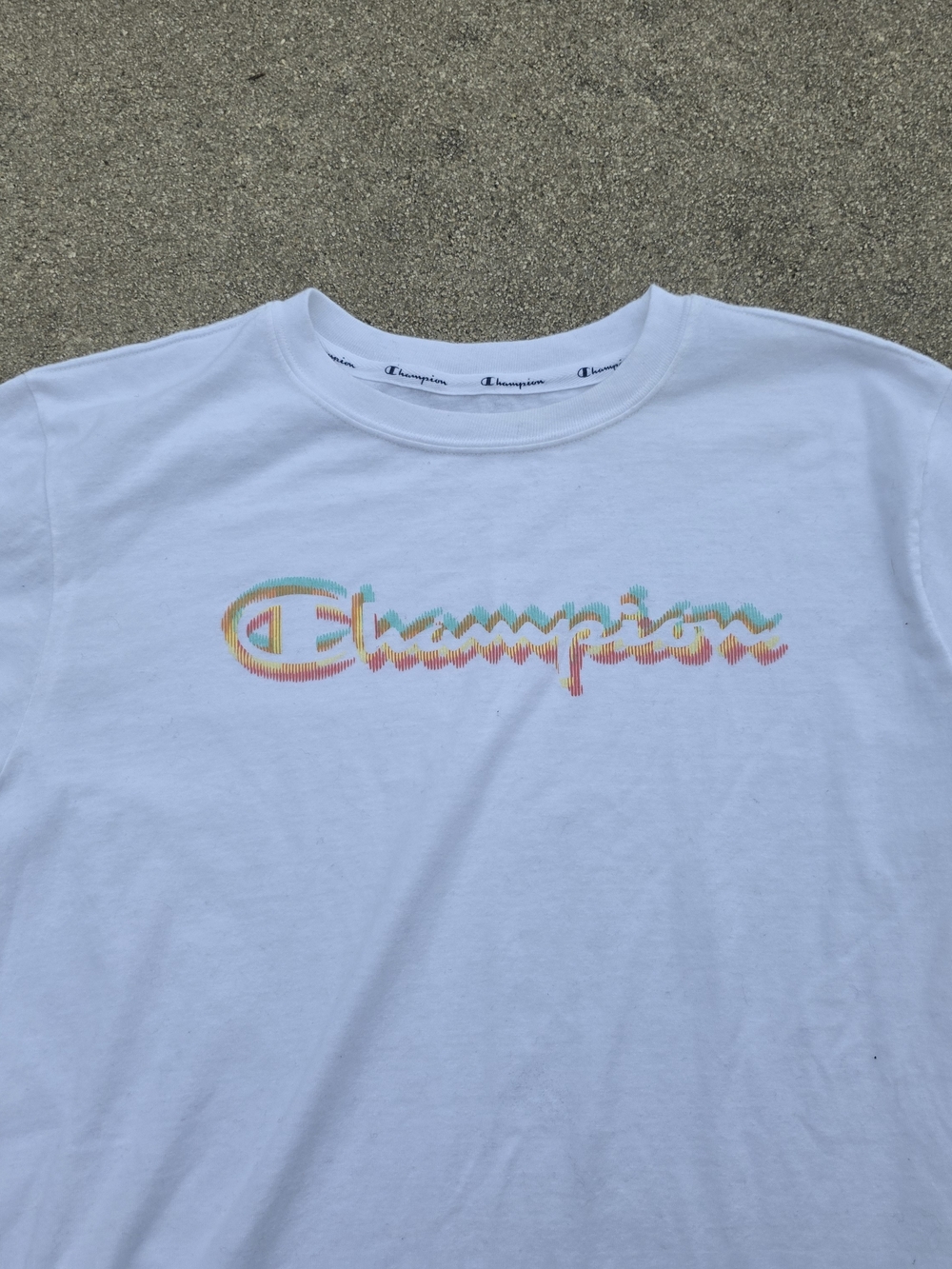 Champion White Tee with Pastel Rainbow Logo